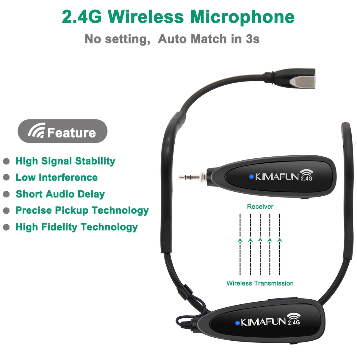 KIMAFUN 2.4G Wireless Microphone System Professional Headset Mic for PC PA Smartphone iPhone Lectures Teaching Meeting Fitness