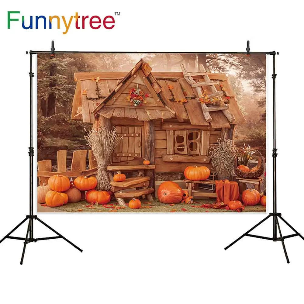 

Funnytree Autumn Fall Halloween Pumpkin Child Photography Backdrop Fairytale Wood House Decor background Baby Newborn Photophone