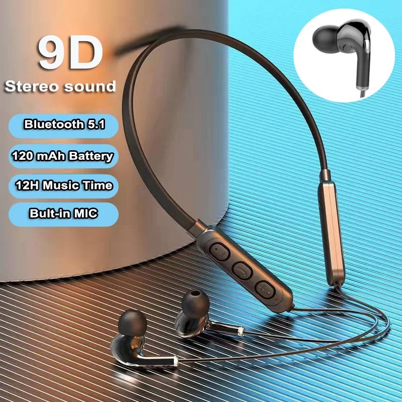 Original 9D Stereo Sound Neck-Mounted Sports Bluetooth Headset 5.0 Earbuds, Twins In-Ear Earphone with Mic, Universal