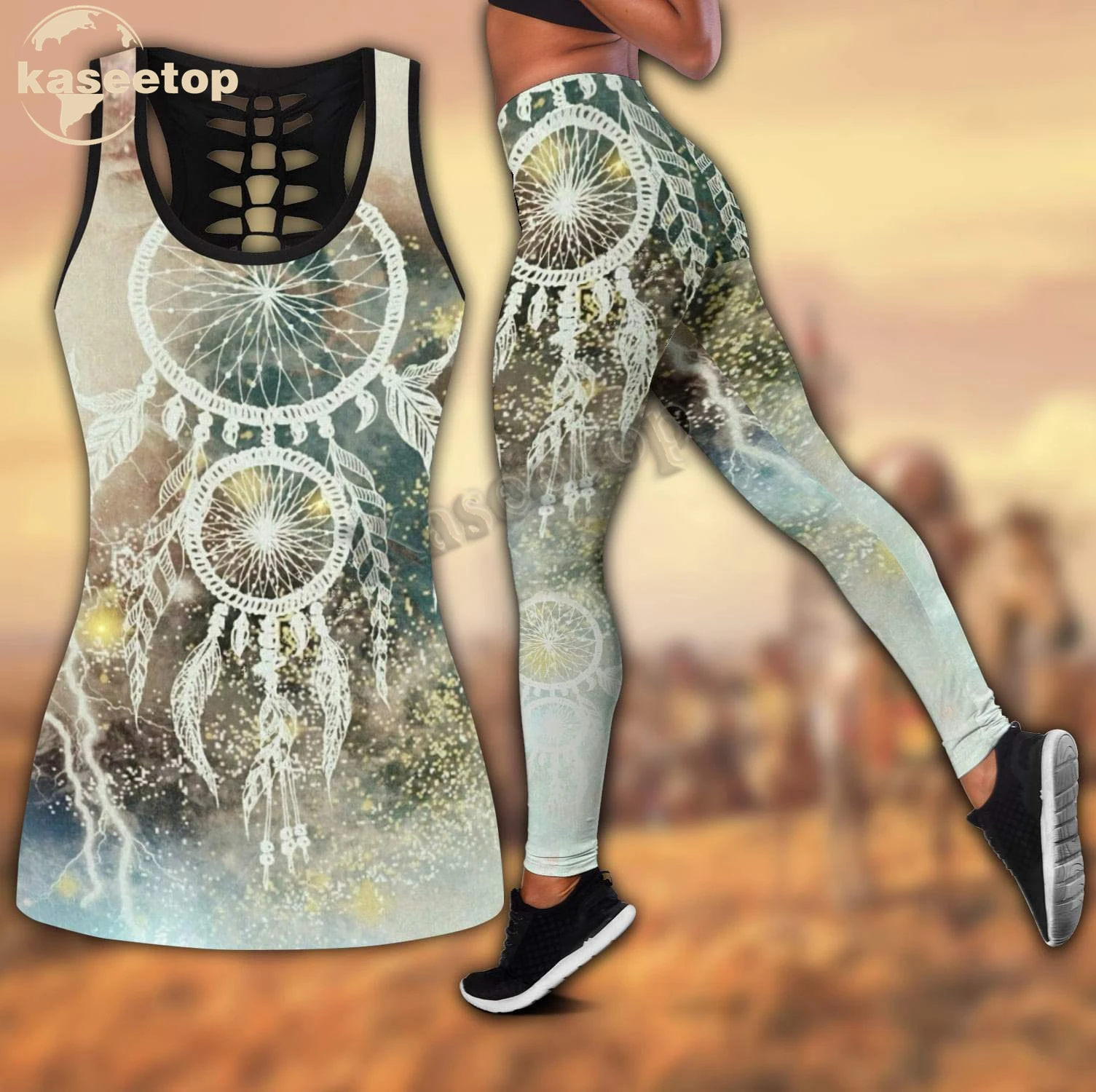 Kaseetop Native America Yoga Set Tribal Pattern Yoga Set Women 3D Print Vest Hollow Out Hollow Tank &Legging Outfit Summer LK199