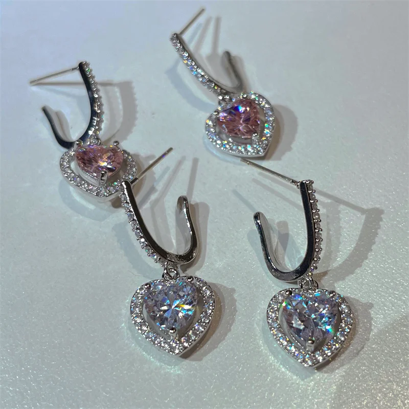 Korean Fashion Heart Earrings For Women Elegant Pink Rhinestone Dangle Earrings For Girl Senior Designer Jewelry aretes de muje