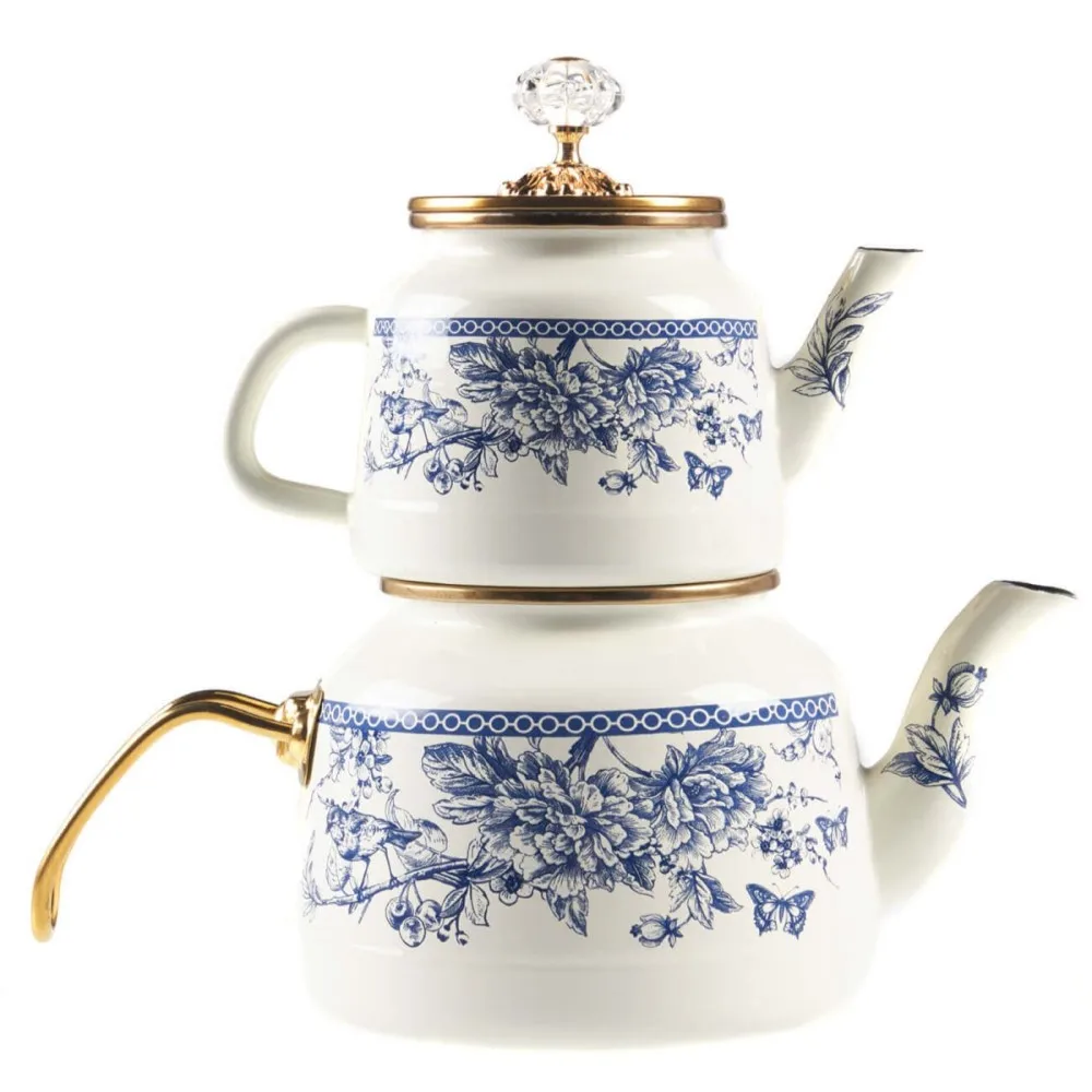 Enamel Gold Luxury Large Teapot Set White Blue flower