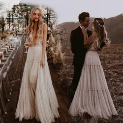 Vintage Bohemian Boho Brautkleider Sexy tiefer V-Ausschnitt rückenfrei Boho Country Style Brautkleid Romantische Strand Vestido Maßgeschneidert