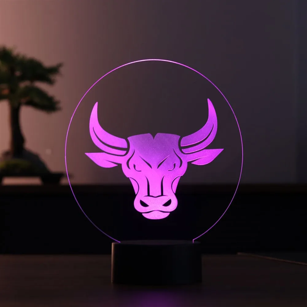 Bull Acrylic 3D Illusion Led Table Lamp 12 Volt Adapter Daylight Design Wood Base Birthday Special Day Gift Idea for Couples