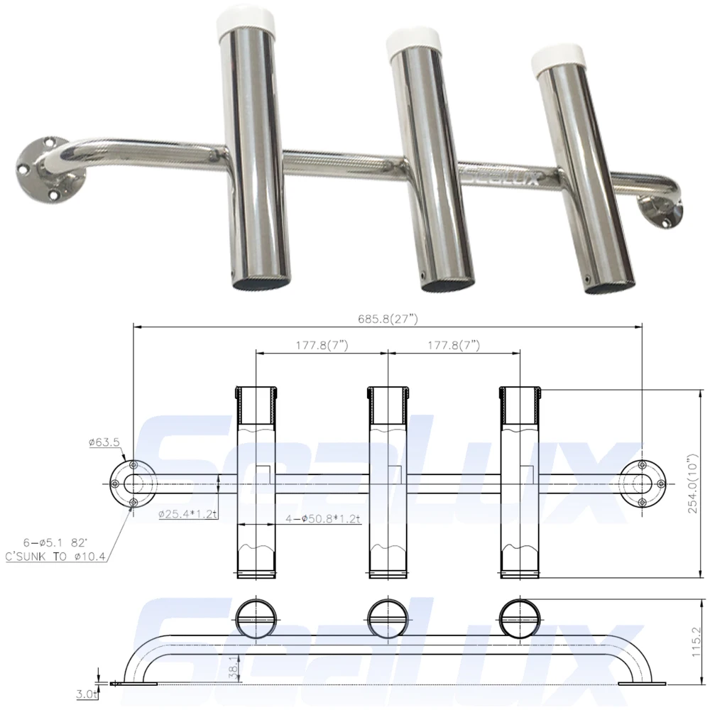 Sealux Bracket Launcher 3 Rod Holder Marine Grade Stainless Steel 304 for Boat Yacht Fishing