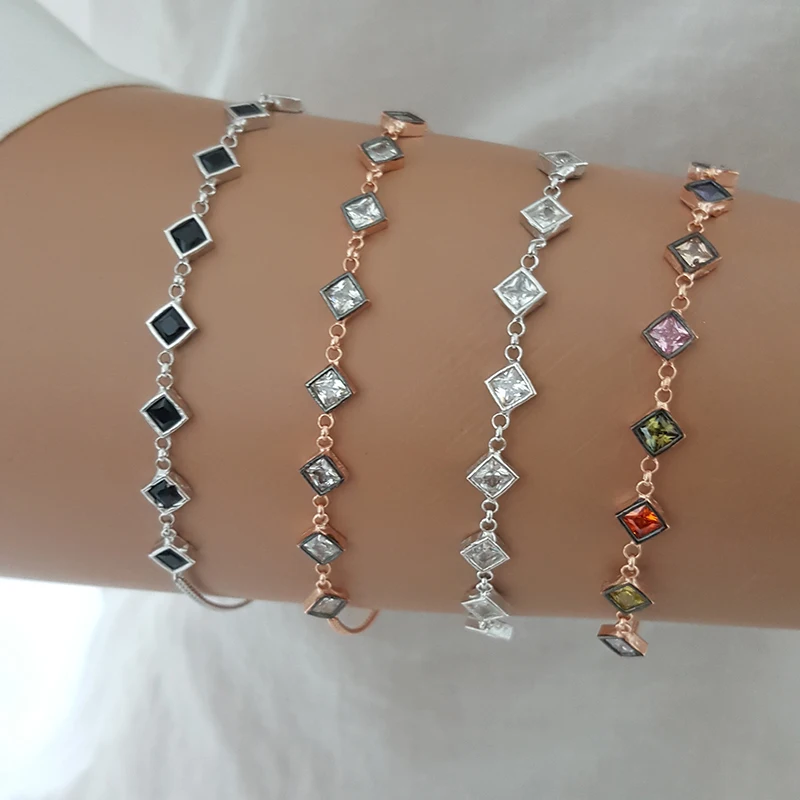 Trendy Rose Gold Plated 925 Silver Cz Diamond Baquette Stone Dainty Boho Bracelet Fashion Cuban Chain Multicolor Fine Jewellery