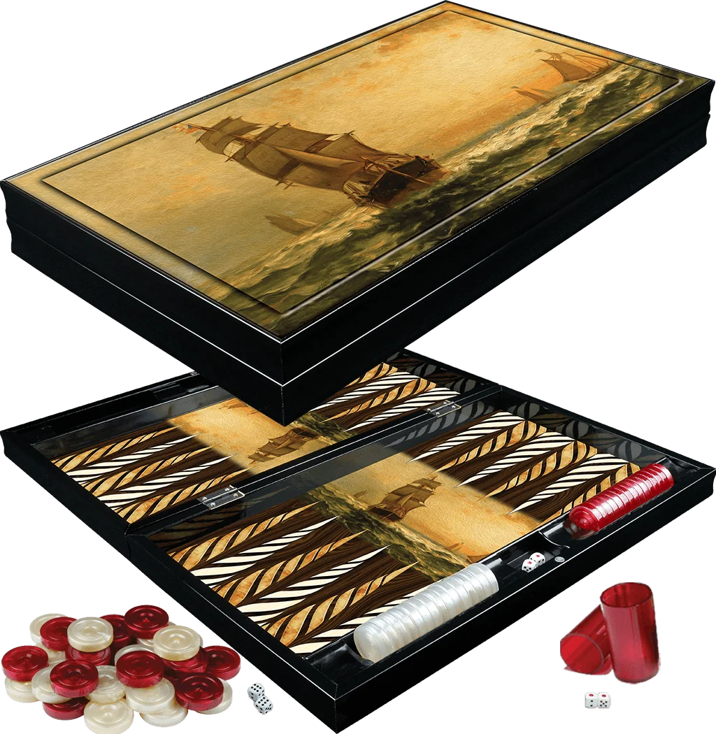 Backgammon Luxury Board Wooden Set XXL  A+ QUALITY Polished Sunset Ships Pattern Checkers Family Party Adult Entertainment Games