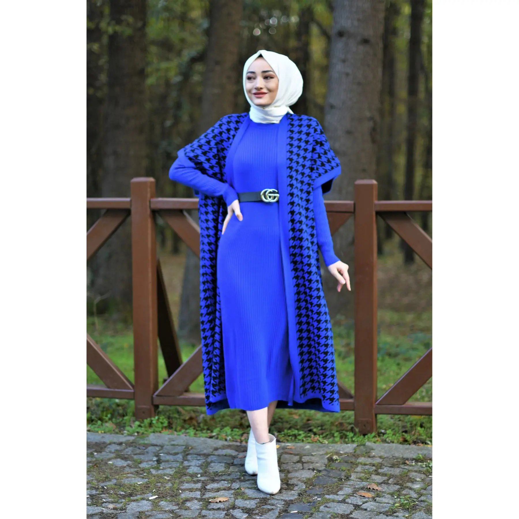 2 Piece Women\'s Set Crowbar Patterned Knitwear Maxi Turtleneck Dress and Maxi Cardigan Long Sleeve Turkey Muslim Fashion Dubai