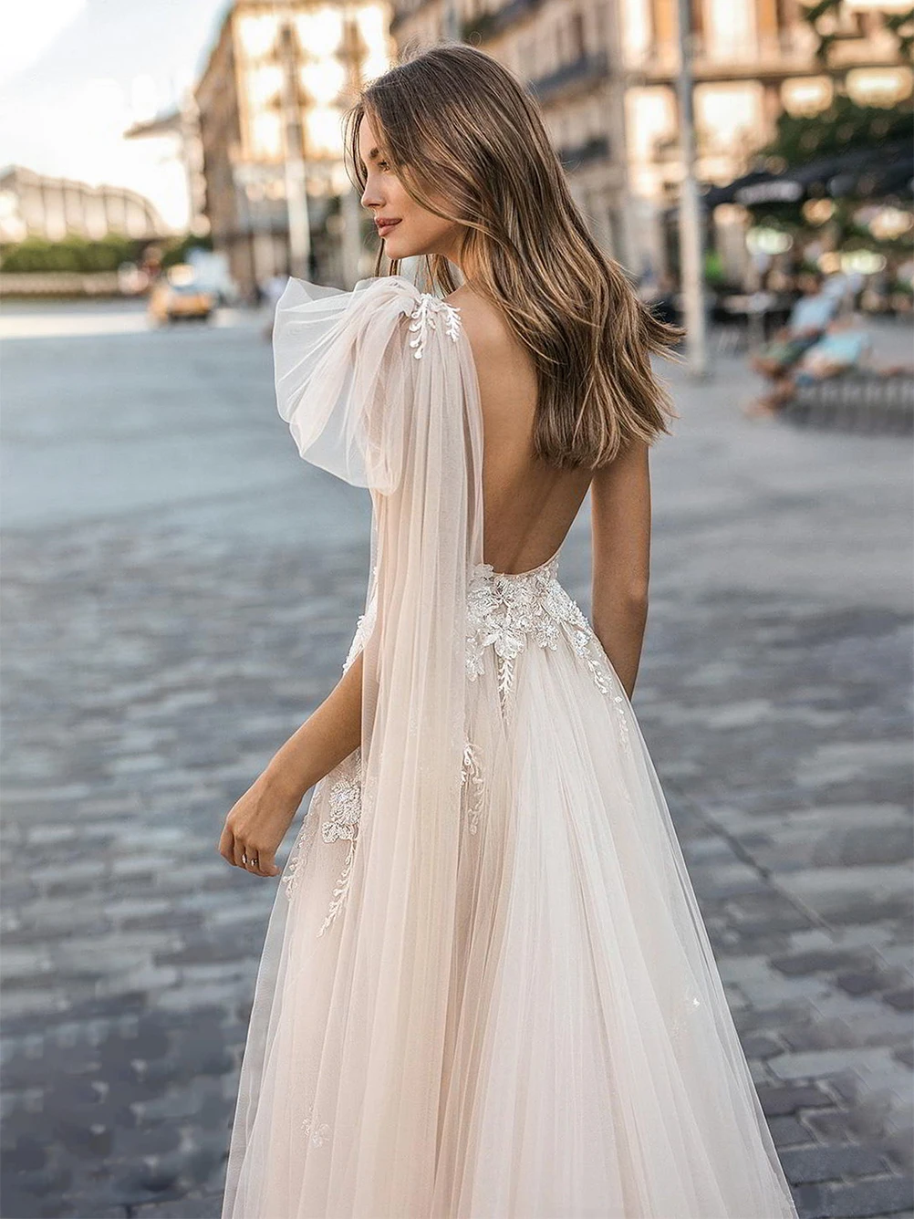 Sexy One Shoulder Pleated Tulle Beading Wedding Dress Boho Beach A Line Backless Illusion Appliqued Floor Length Bridal Gowns