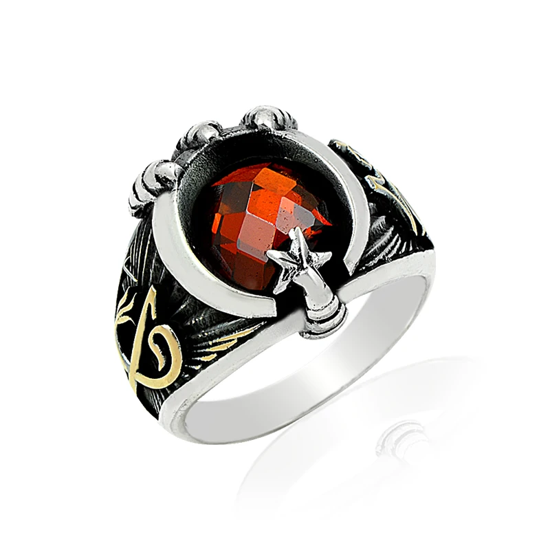 925 Silver Moon and Star Printed and Aleph-Vav Letter added Ring for Men