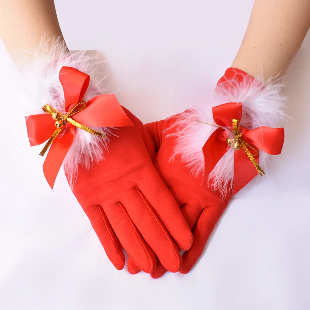 Gants courts rouges en Spandex à la mode pour femmes, mitaines de fête de noël avec clochettes, Costume de bal de fin d'année