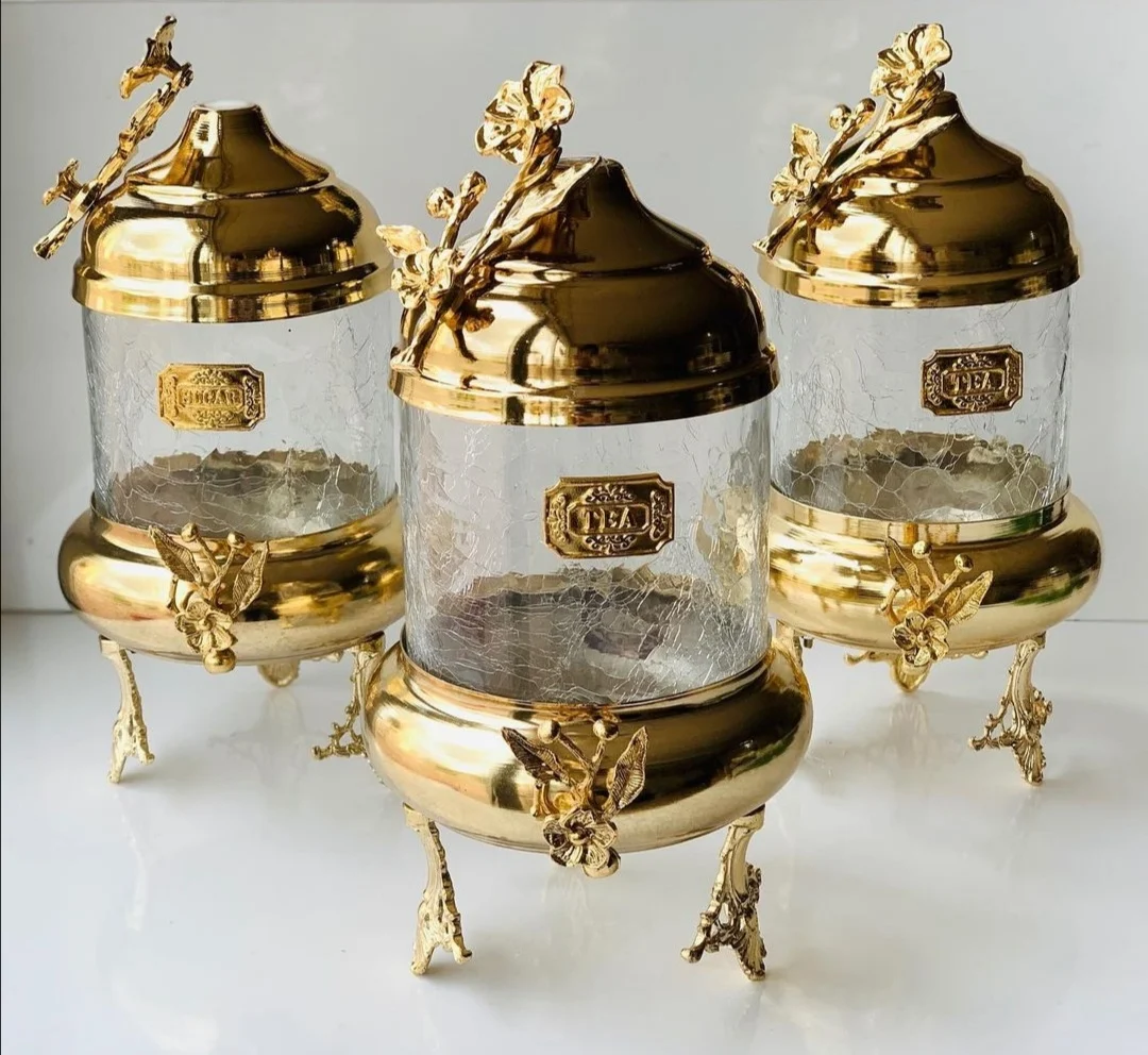 Luxury Kitchen Jars Canister Sets Elegant Tea Sugar Coffee Salt and Pepper 3 Pieces Sturdy Durable Glass And 5 Star Metal Plated Original Design Gold Silver Color Option Frog's Leg Food Product Gift Rose