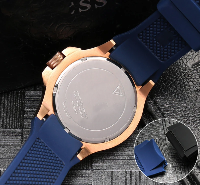 Silicone Strap Blue Stainless Steel Buckle Waterproof Men Replacement Bracelet Watch Band for Guess W0247G3 W0040G3 W0040G7