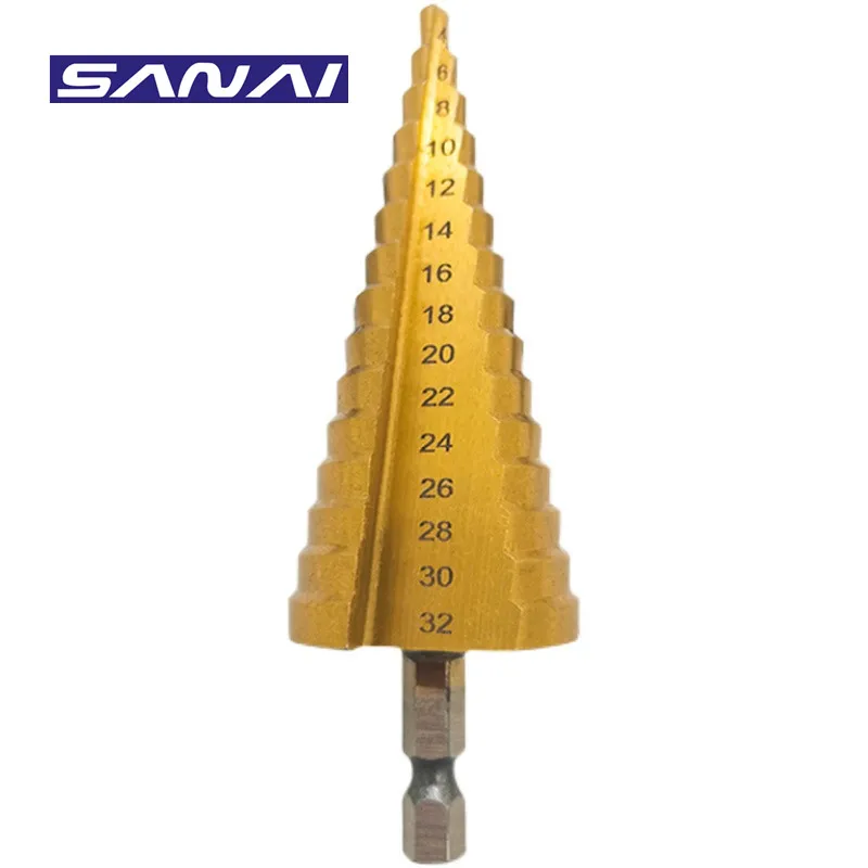 SANAI 1PC Step Drill Bit 4-12mm 4-20mm 4-32mm HSS Straight Groove Titanum Coated Wood Metal Hole Cutter Core Drilling Tool