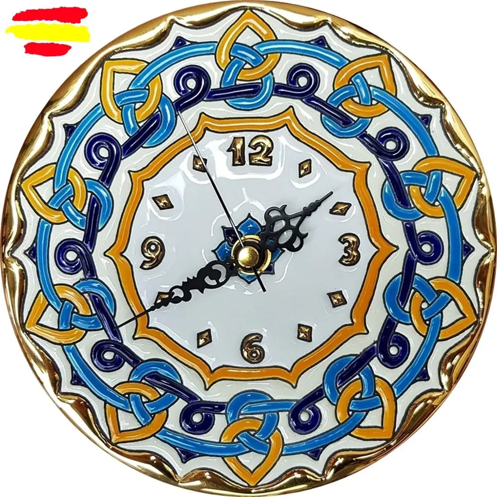 Ceramics clock Spanish 17 cm/6,7 inch diameter enameled handmade -24 K oro - artecer - Hogar and decor