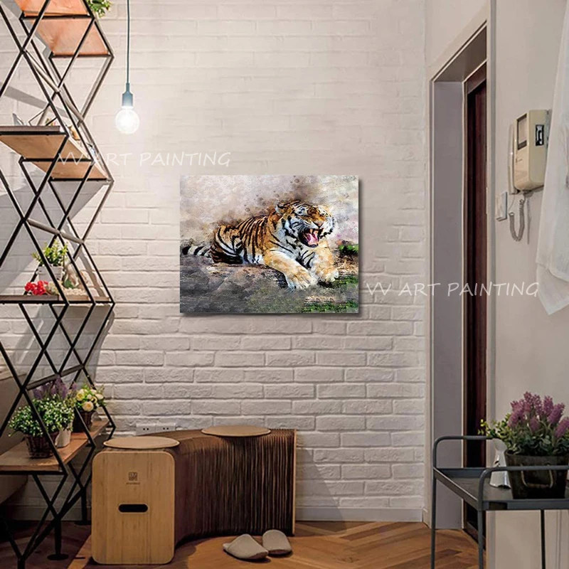 Horizontal Lying Tiger Handmade Canvas Oil Painting, Textured Animal Wall Decor, Rustic Household Wall Decoration Art Gift