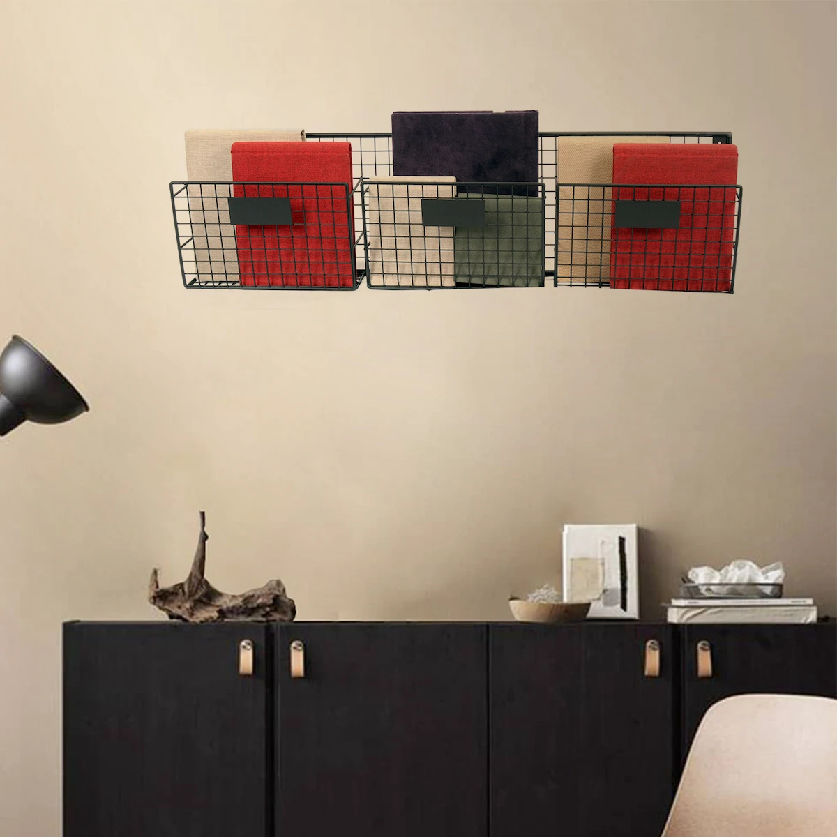 Iron Grid Wall Rack Metal Magazine Holder, Bookshelf 3-Eyed Horizontal Document Rack WD233-Y3