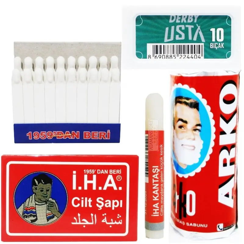 Arko Shaving Soap, Derby Usta Razor Blades, Alum Block, Alum Stick, Disposable Blood Stopper