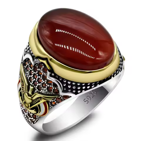 Real 925 Sterling Silver Men's Rings Signet Party Fine Jewelry Pave Setting Red Cubic Zircon Agate Stone Ring for Men