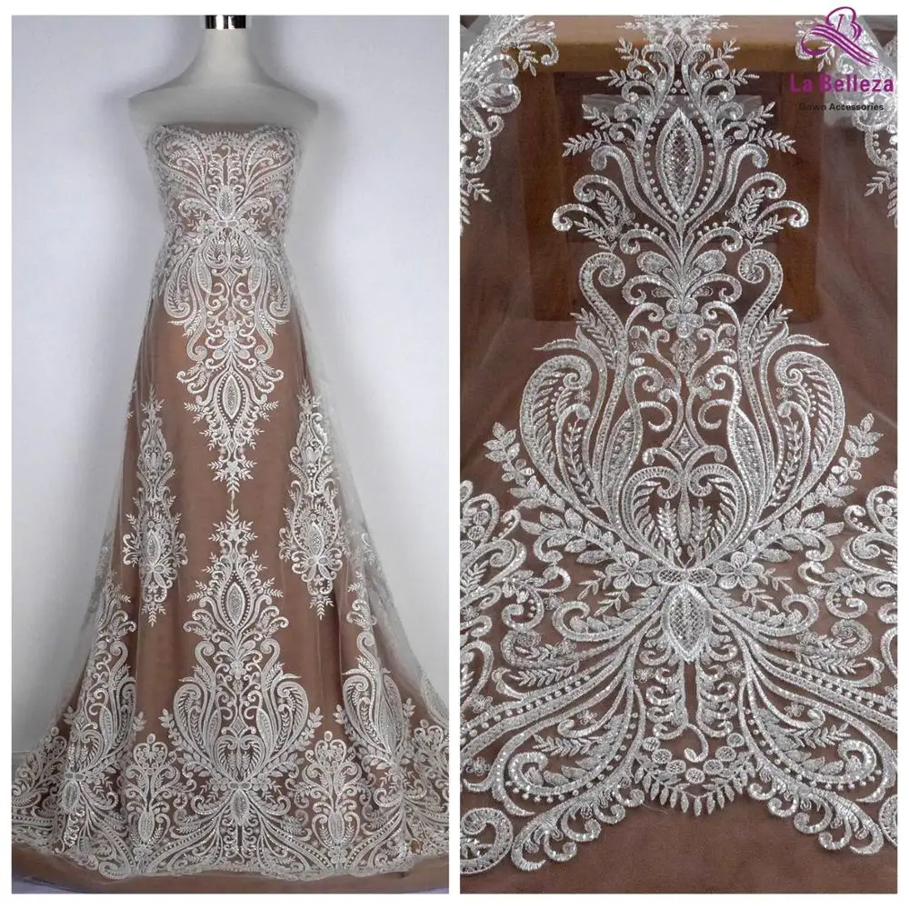 La Belleza nuovo tessuto di pizzo, tessuto di pizzo da sposa ricamo perline, poliestere con paillettes trasparenti grandi modelli tessuto di pizzo 1 yard