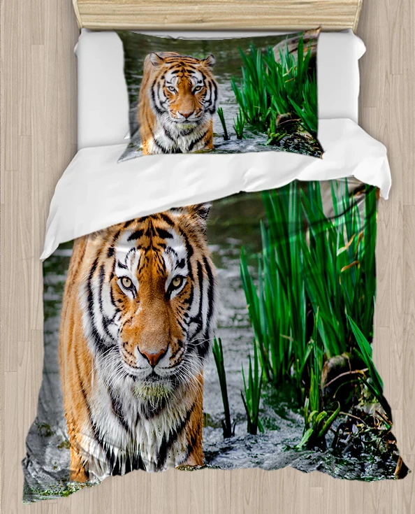 

Else Wid Brown Tiger Green Floral in River 4 Piece 3D Print Cotton Satin Single Duvet Cover Bedding Set Pillow Case Bed Sheet