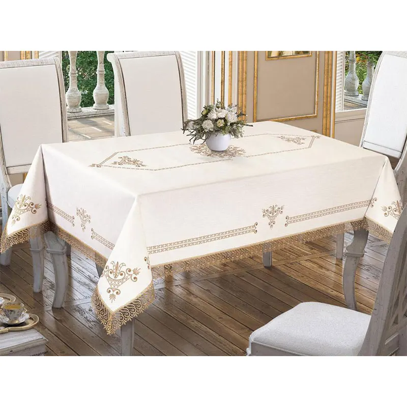 

New Season Special Edition Tulip Printed Digital Print Carefree Fabric Guipure Rectangle Table Cover Set Cream Silver A Quality