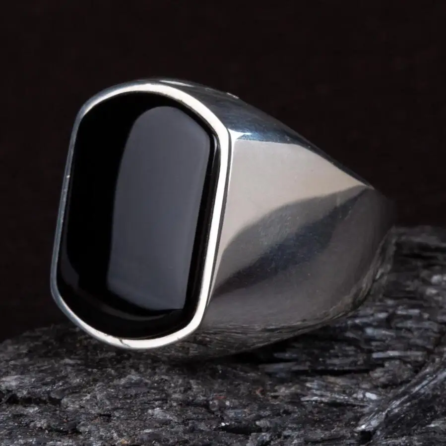 Plain Onyx Black Stone Men's 925 Sterling Silver Ring Fashion Turkish Premium Quality Handmade Jawelery