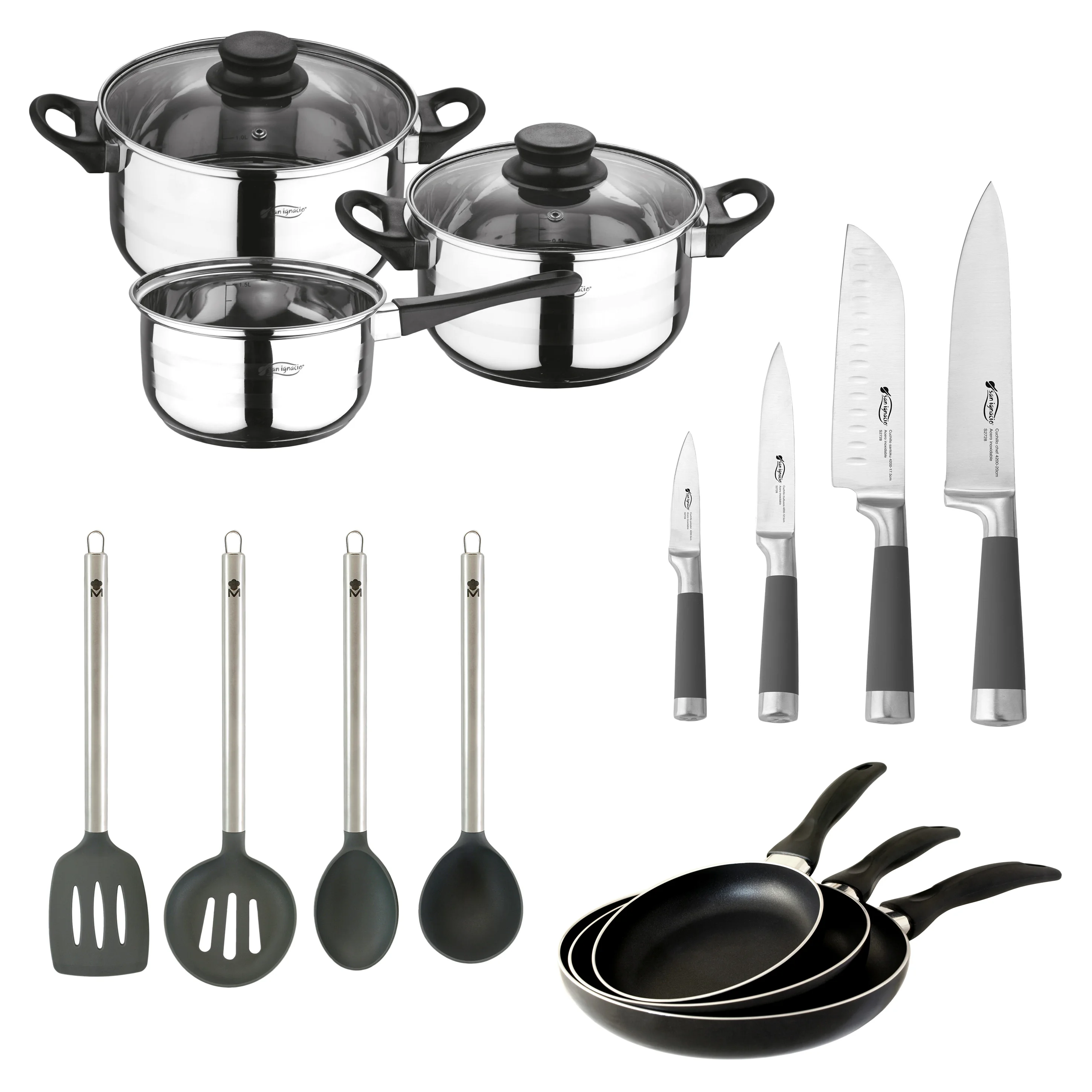 Set SAN IGNACIO de bateria de cocina 5 pieces, 3 pans (16,20,24cm), utensils and kitchen knives collection Masterpro