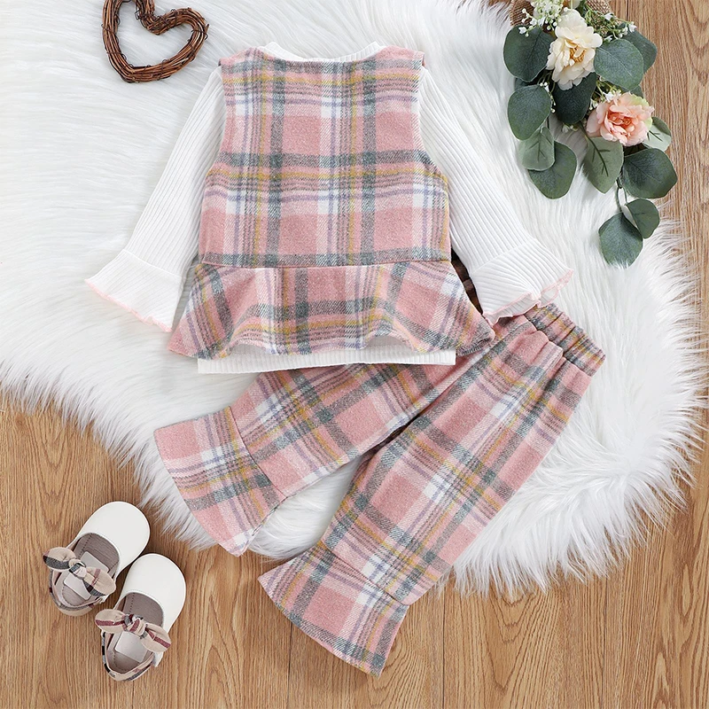 Fashion Baby Girls Clothing Set Elegant Suit Ruffle Knitted Tops Plaid Print Vest Flare Pants Outfit Princess Toddler Girl Sets