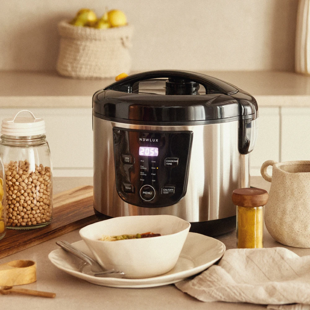 NEWLUX-Robot de Cocina Multifunción 5L Mod.NEWCOOK con Cubeta Antiadherente, Programable 24H, 9 Funciones y 8 Menús automáticos. Mantiene Caliente