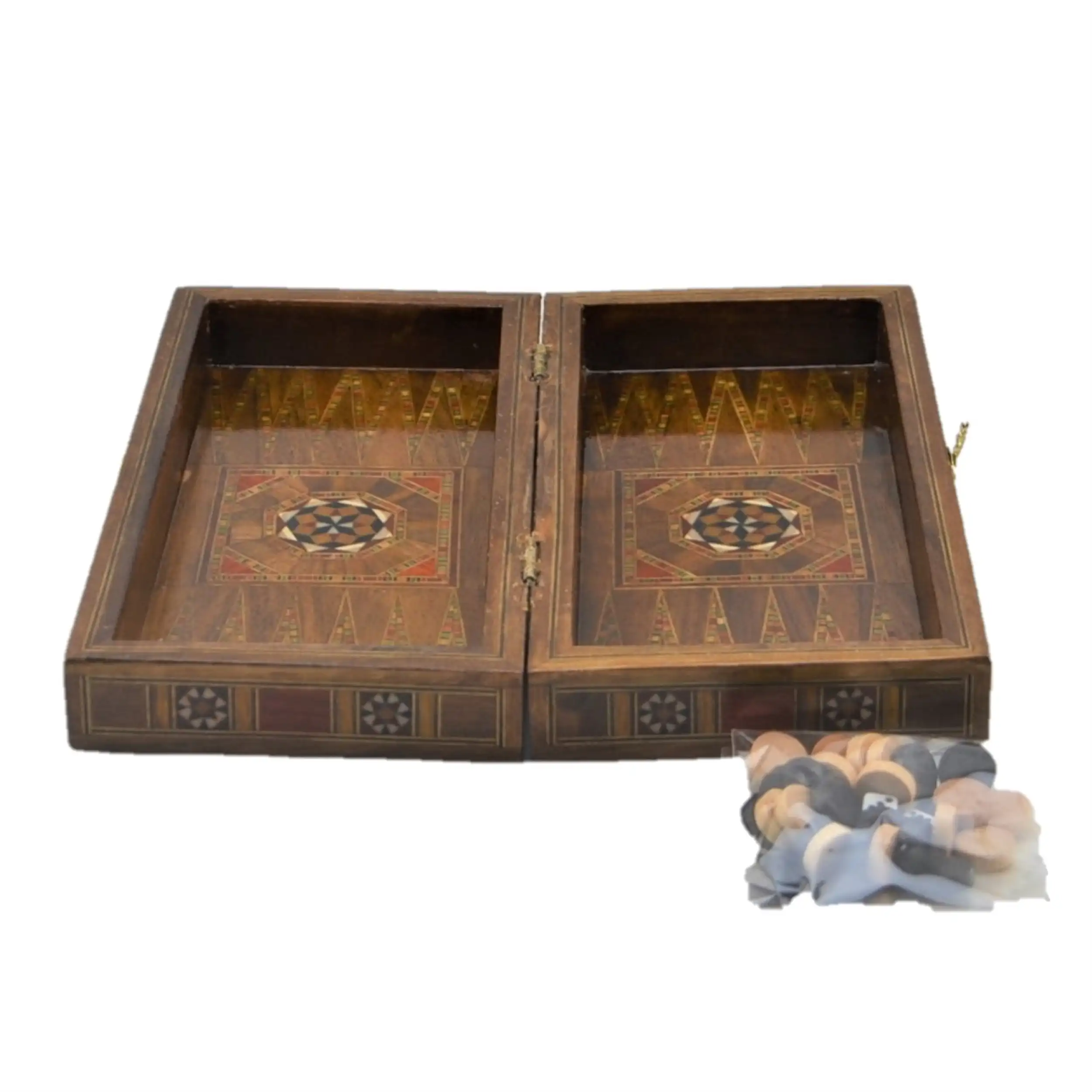 Vintage Game Set Handmade Motif Natural Solid Wooden Backgammon,Chess Board, checkers Sets for Kids and Adults Mini Size