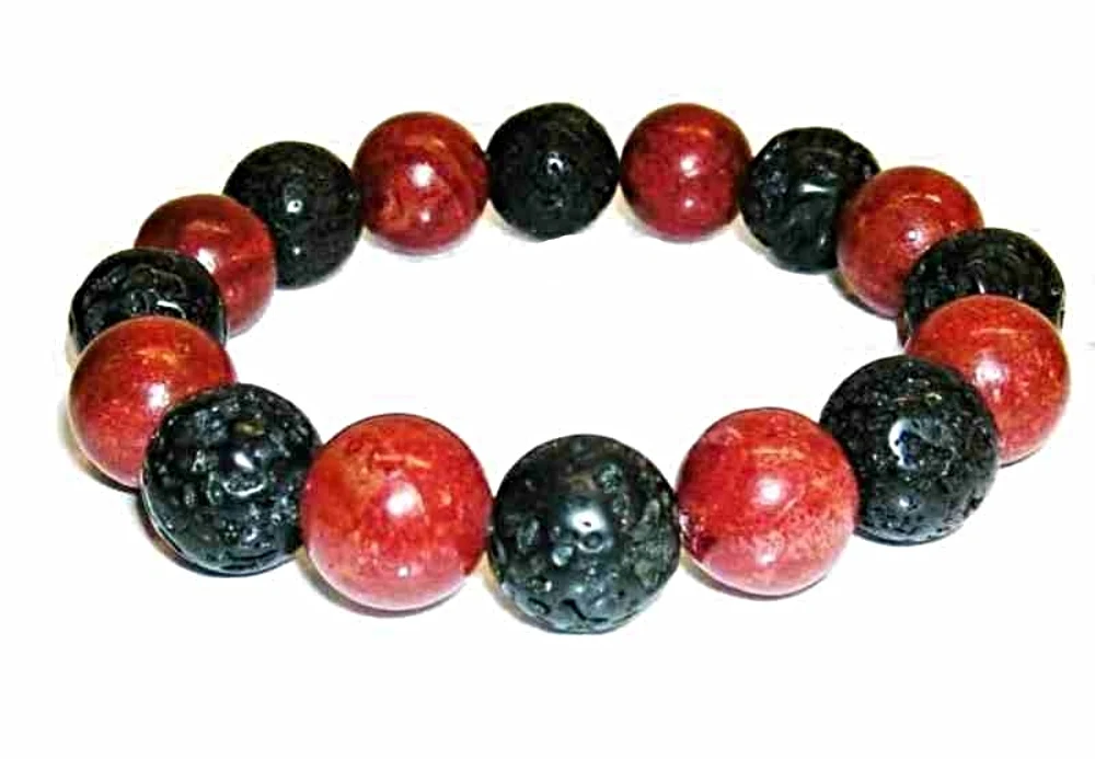 Natural CORAL and volcanic LAVA bracelet 12mm. Adjustable, elastic bracelet. New. Gift fabric bag