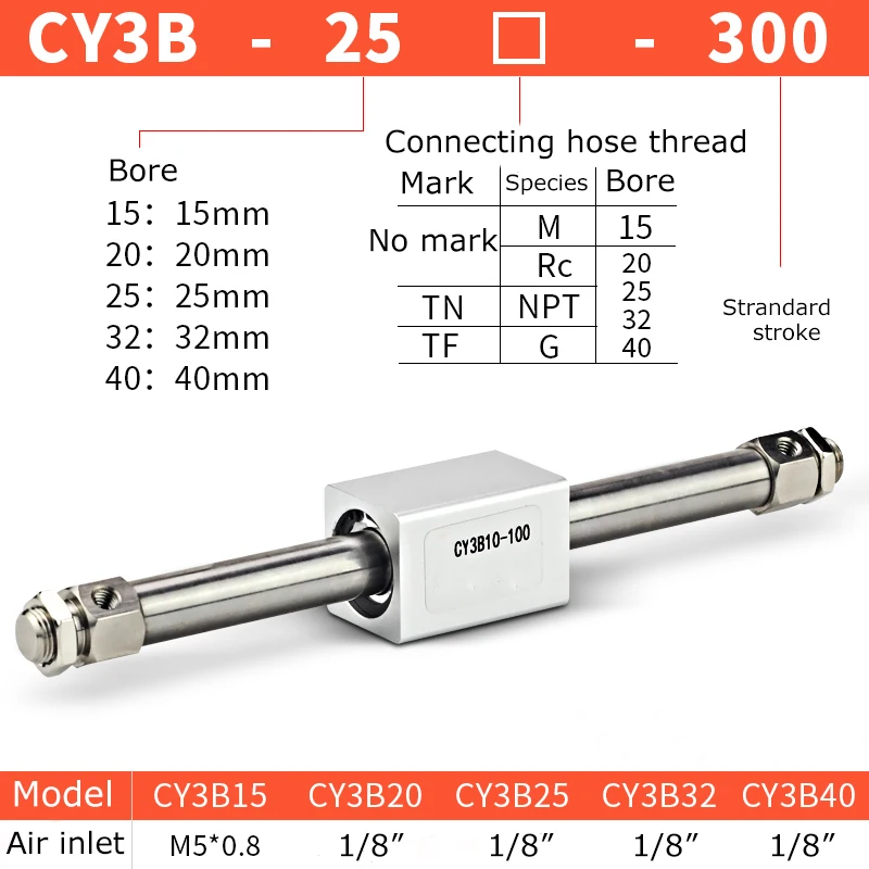 CY3B20 Magnetical Coupling Rodless Cylinder High Pressure Aluminum Alloy Long Stroke Rodless Air Cylinder CY3B20TF-200 CY3B