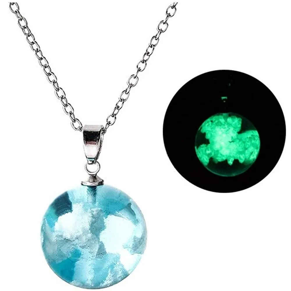 Blue Sky Necklace With White Clouds Luminous Resin Transparent Ball Pendant Creative Funny Jewelry For Women Men Gift