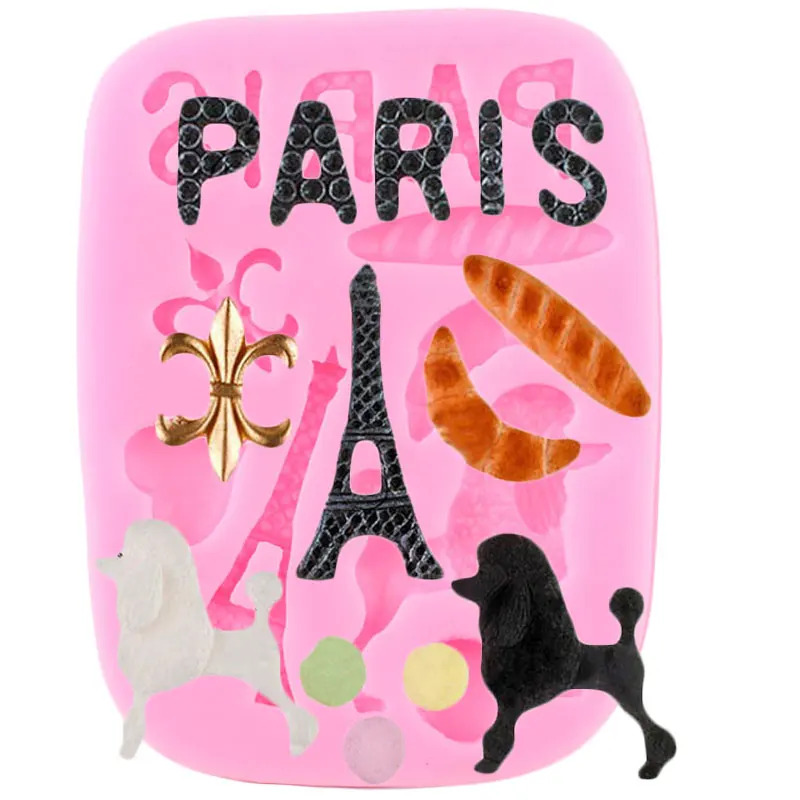 Paris Eiffel Tower Silicone Molds Poodle Dog Relief Cupcake Topper Fondant Cake Decorating Tools Candy Chocolate Gumpaste Moulds