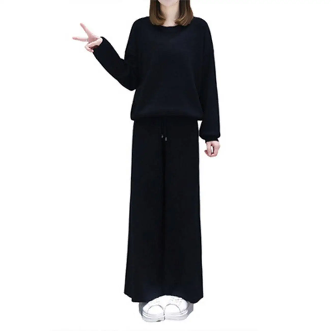 black Round neck Two Piece Set Tracksuit Women High Waist Wide Leg Pants Women Suit 2 Piece Set Women 2022 Jogging suit Running