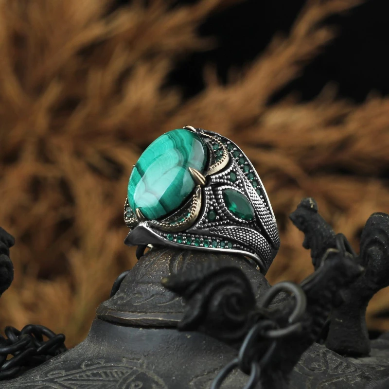 

Men's Silver Malachite Gemstone 925 Sterling Ring 2022 Summer Winter Fashion Trend Special Design Accessory Products Gift Items Free Shipping