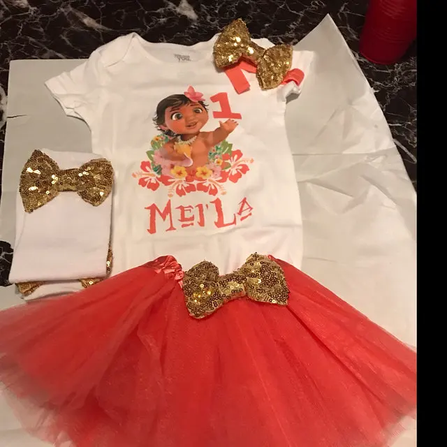 personalize any cartoon Baby Girl Second Birthday Bodysuit set, Moana Inspired Theme Coral Two, Headband Tutu outfit gold bow