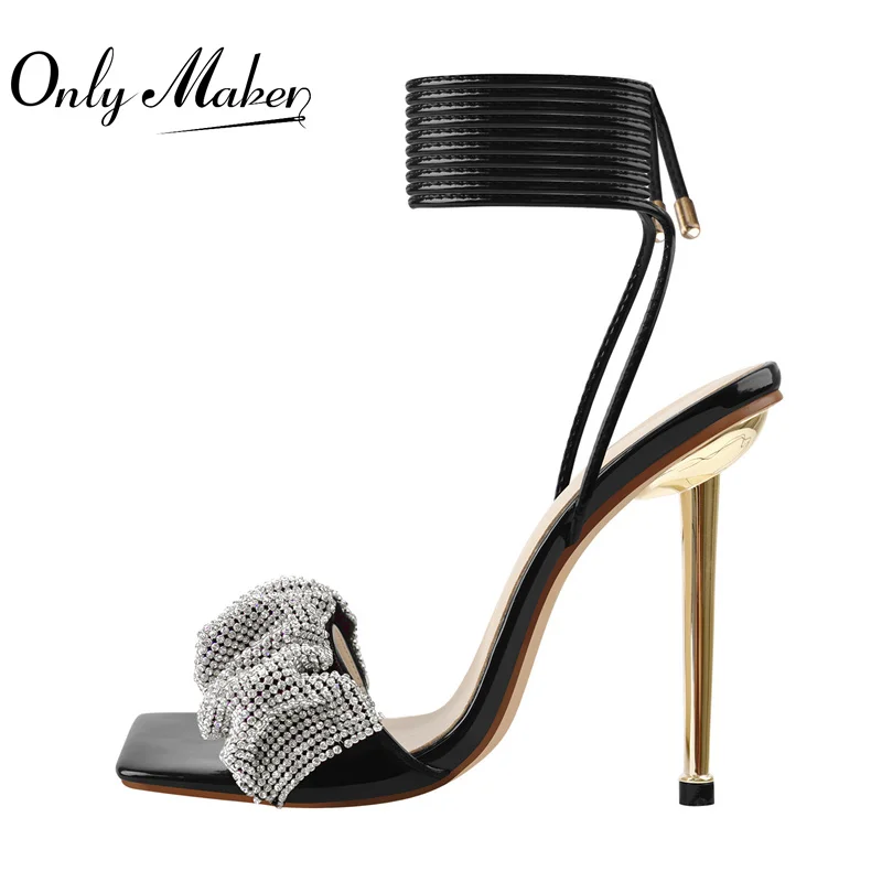 

Onlymaker Square Toe Sandals Patent Leather Lace Up Metal Thin High Heels Ankle Strap Crystal Shoes Women