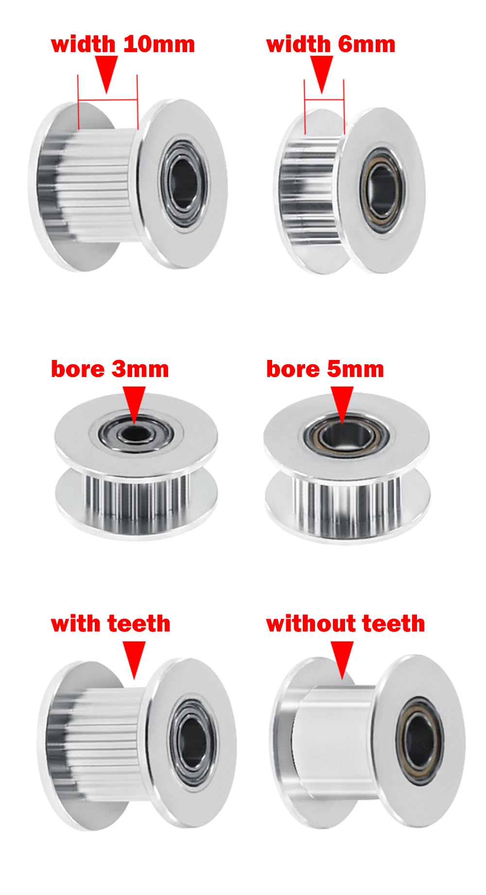 GT2 Typ Passives Synchronrad 16/20 Zähne Aluminium Zahnriemenscheibe für 3D-Drucker Zahnrad-Umlenkrolle Breite 6mm/10mm – Detail 3