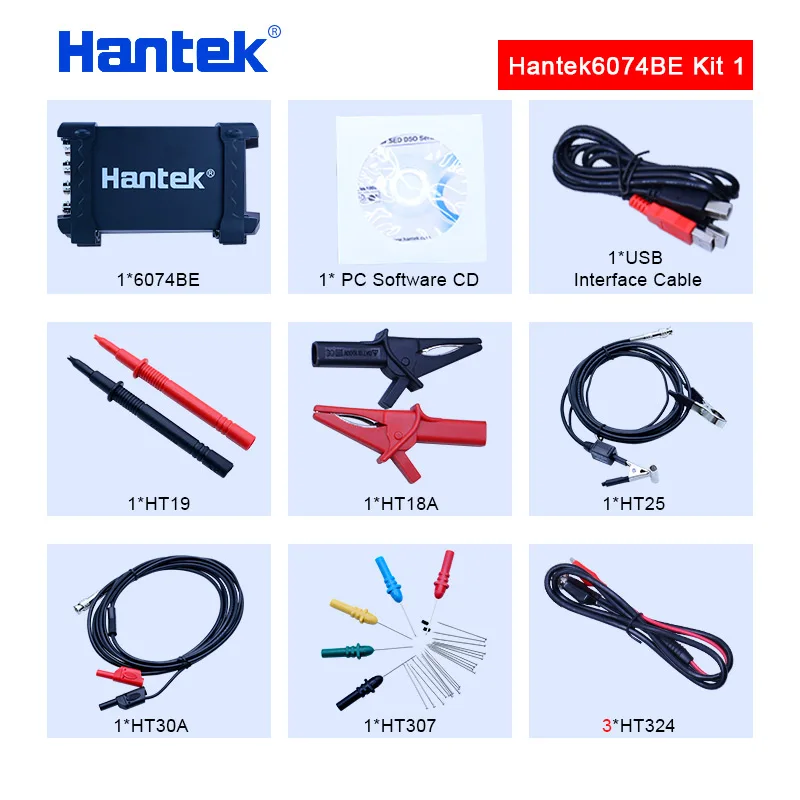 Hantek 6074be (kit i) padrão equipado sobre 80 tipos de função de medição automotiva usb2.0 4 canais isolados osciloscópio