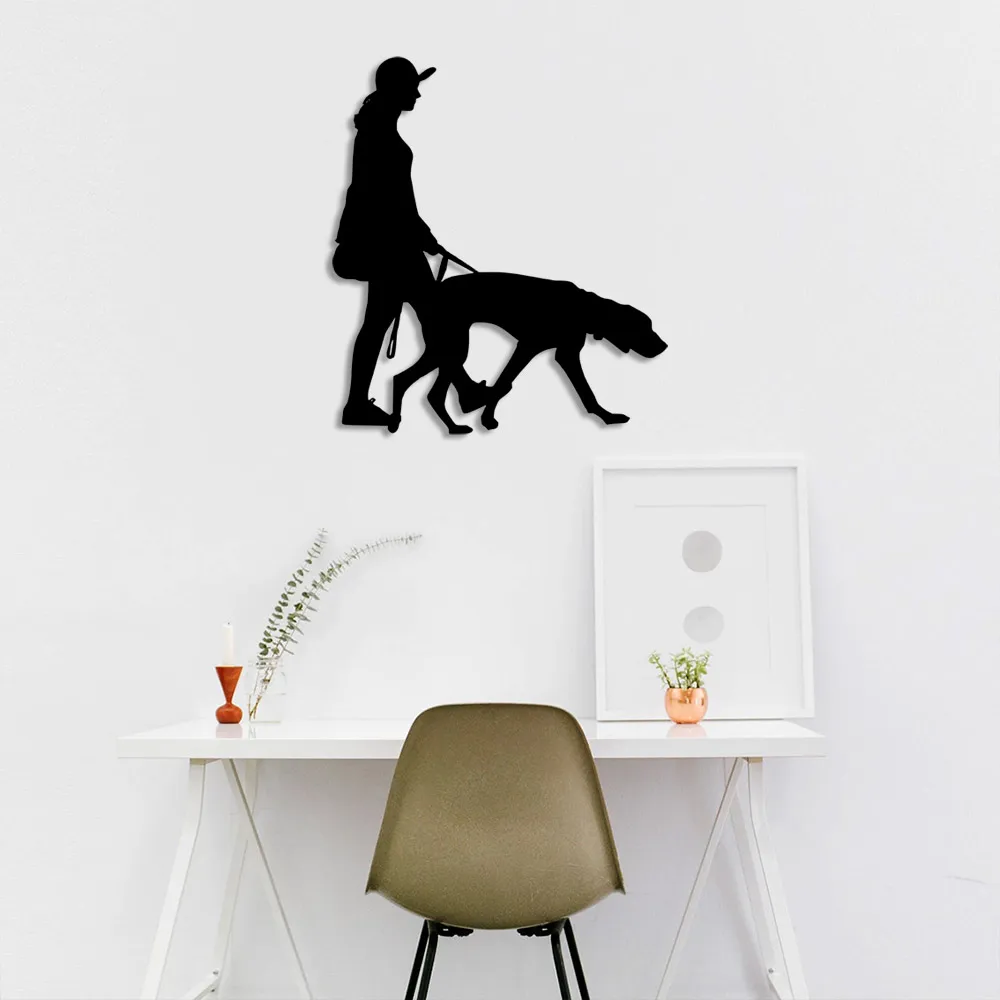 Woman Walking on the Street with her Dog Wall Room Home Accessory Wooden Table 44x50cm