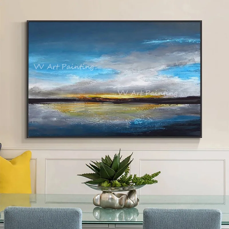 Pure Handpainted Horizon Sunset Knife Painting, Textured Lakeside Sunset Artwork Sofa Background Wall Decor