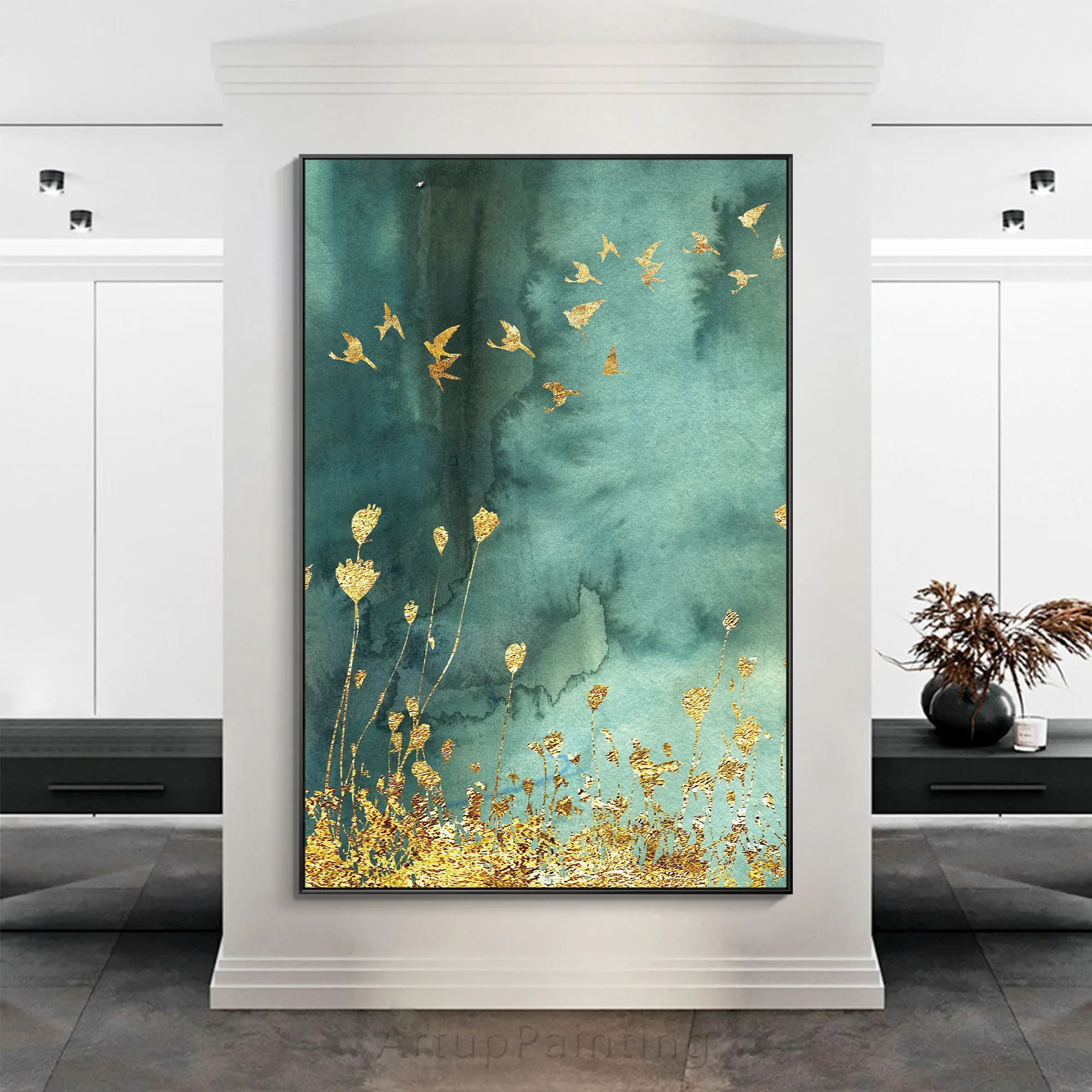 

Teal Green watercolor Abstract Birds Flower Gold Leaf Hand Painting Canvas Texture oil painting acrylic large wall art picture