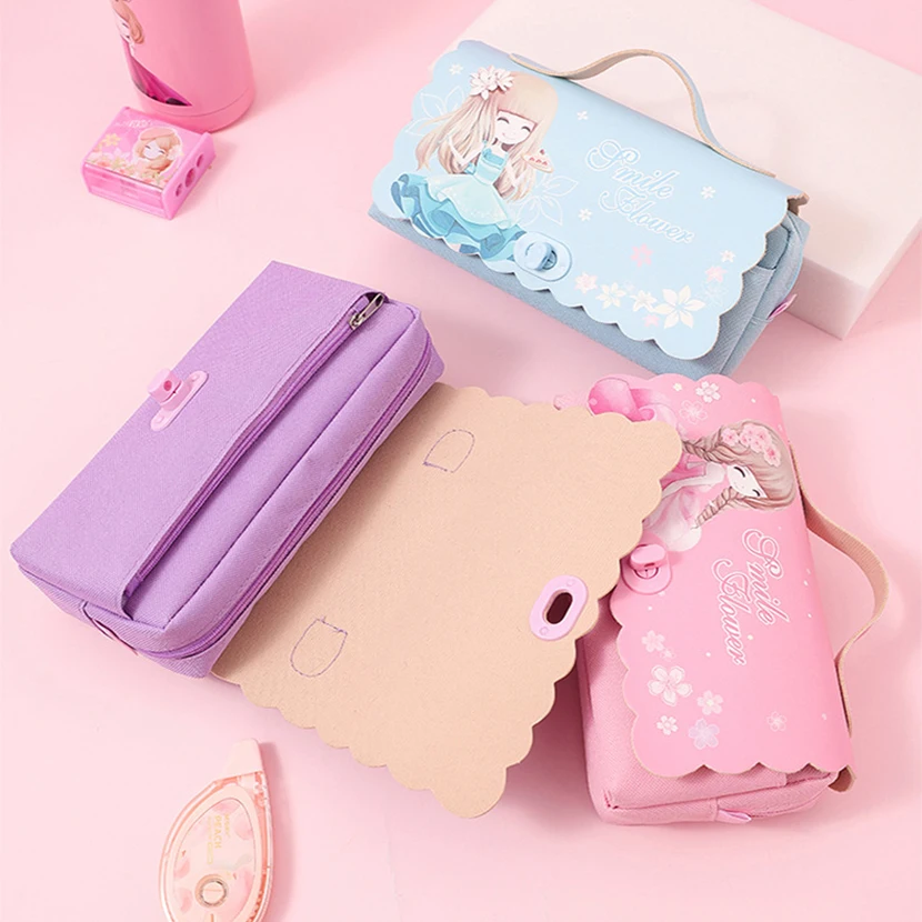 Pencil Case With Combination Lock For School Girl Kawaii Stationery Large Watercolor Estuche Office Supplies Pencil Bags Case