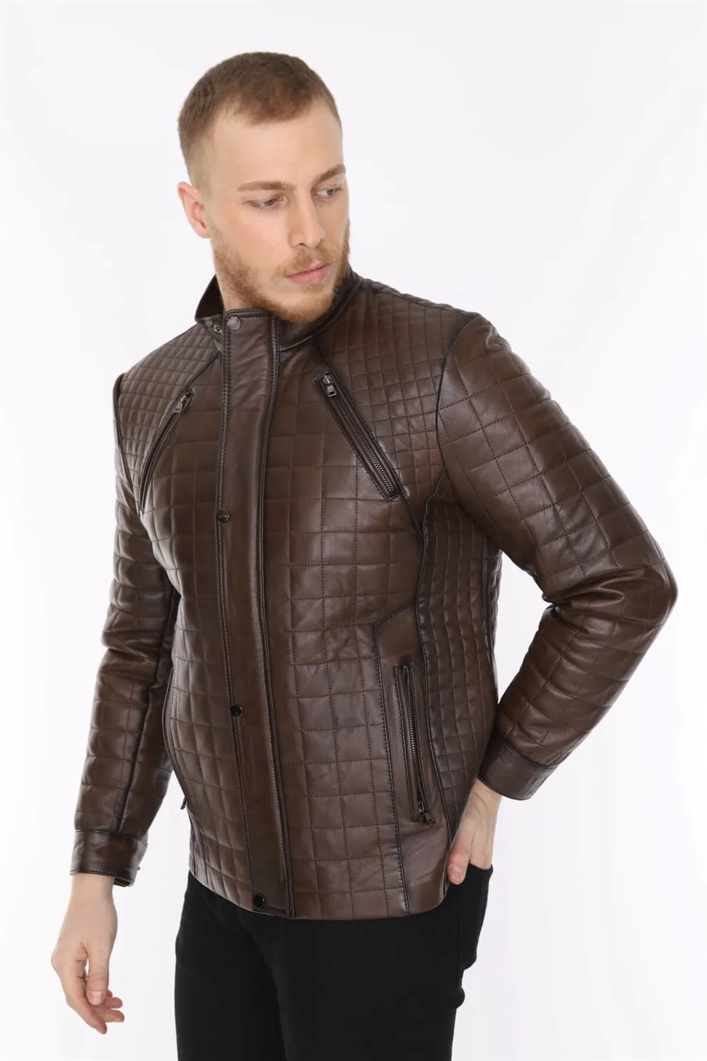 Skórzana kurtka męska sport model oryginalny lambskin brązowy kolor softy 2022 trend wygląd wykonane w turcji e-150185