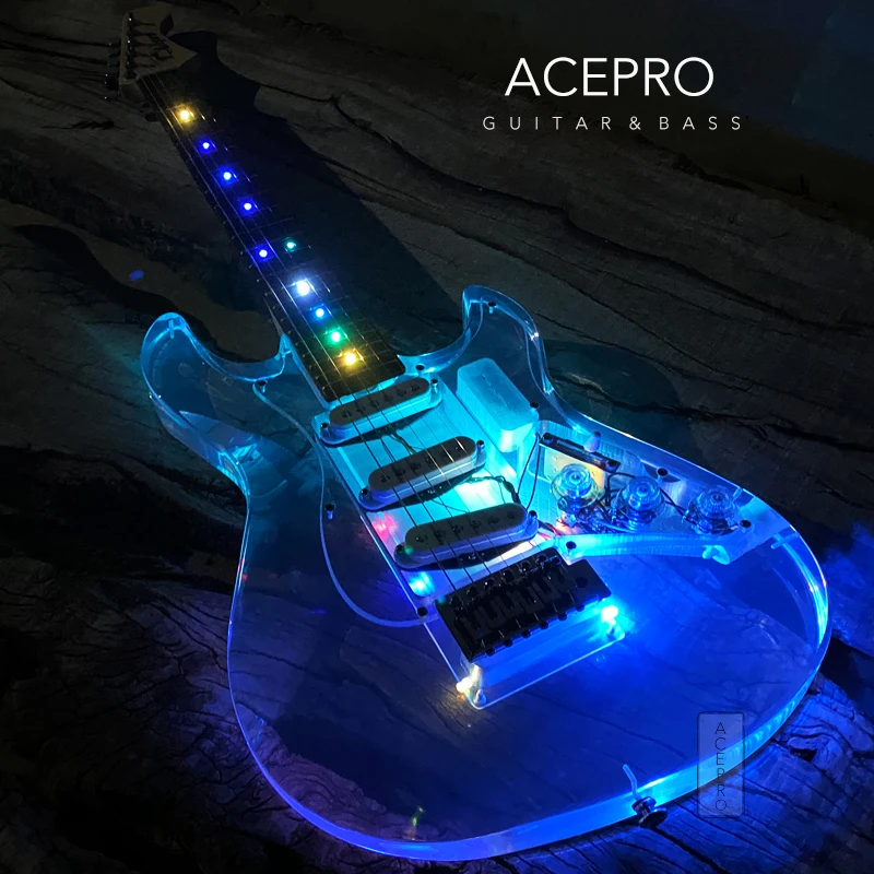 In Stock Acepro Acrylic Electric Guitar Colorful LED, Transparent Pickguard & Knobs, 3 Single Pickups, Maple Neck, Guitarra