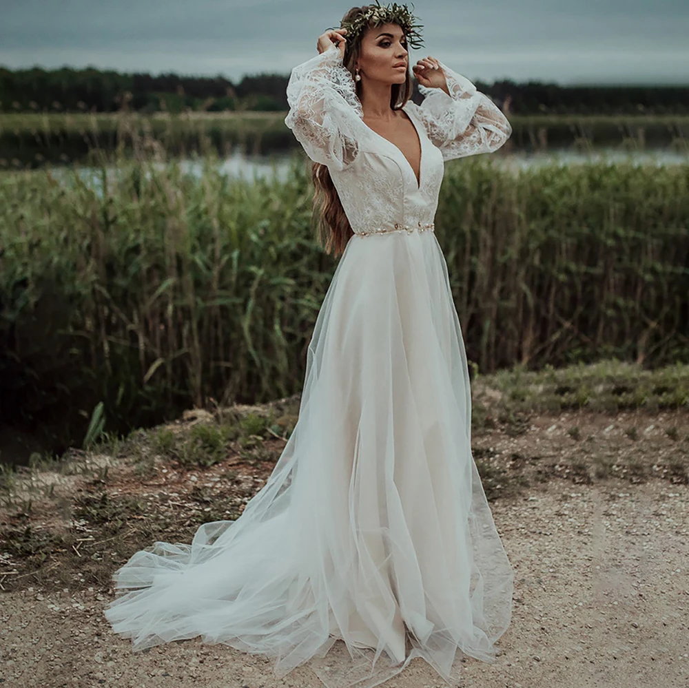 Długie rękawy przezroczysta koronka plaża suknia ślubna linia V Neck Boho Elopement wysokie rozcięcie Backless suknie ślubne Custom Made 10153