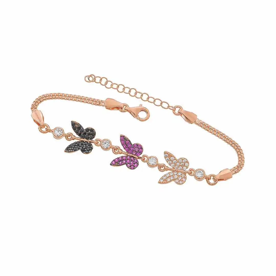 925 Sterling Silver Women Wristband Bracelet Colorful Stony Butterfly Gift Birthday Precious Stylish Chain Luxury