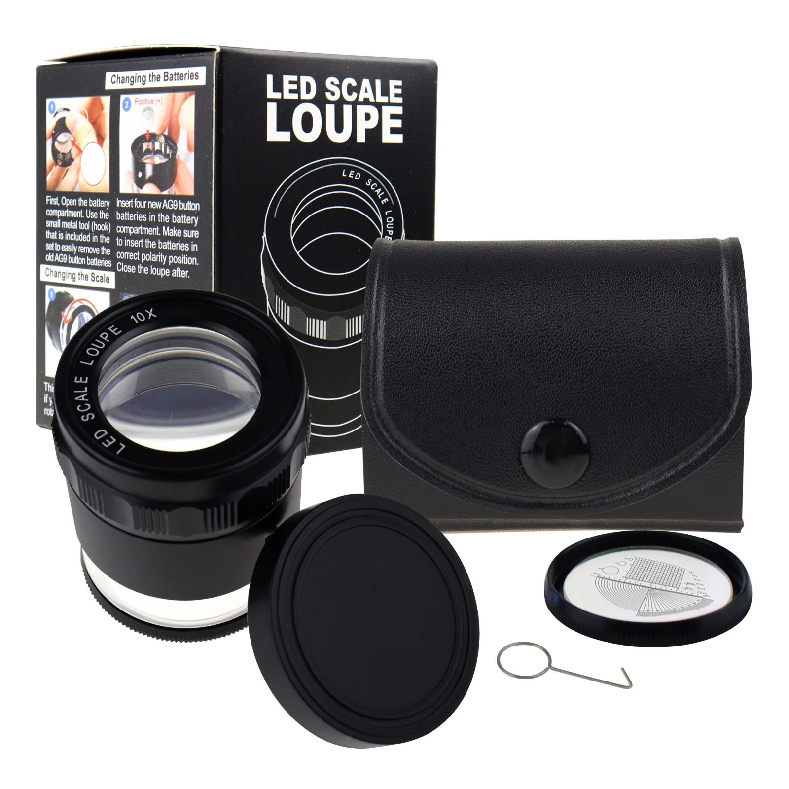 Scale Loupe Magnifier 10X Magnification 25mm Field of View With 1 4 9 Interchangeable Glass Scale Chart With 8 LED Light